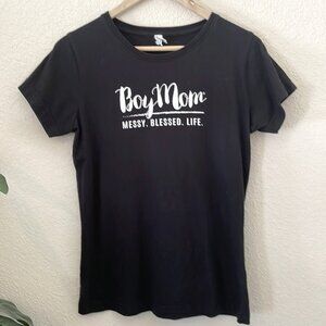 Boymom black shirt white lettering Messy Blessed Life Size Medium